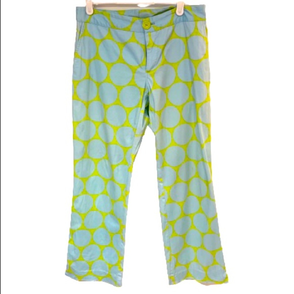 Skirtin Around Unique Bright Green Blue Circle Design Cotton Pants